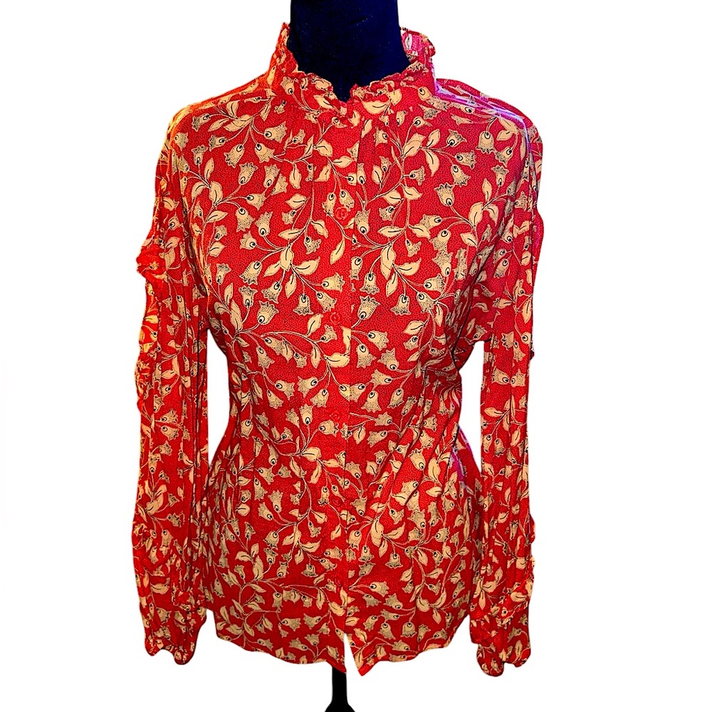 Who What Wear lacy high neck button down shirt w/lace cascading down sleeves